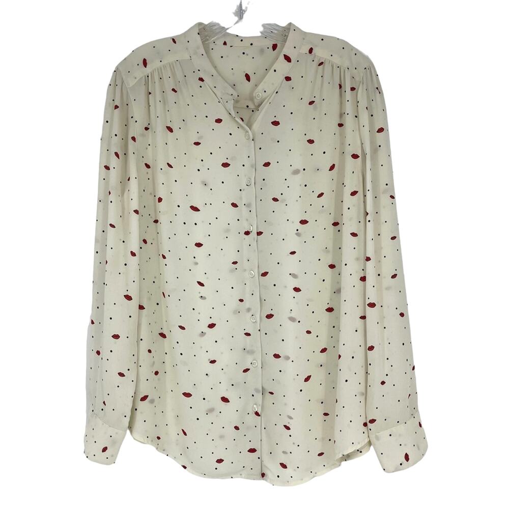 Red Lips Off White Ivory Button Up Blouse Large 12/14  Valentine Dark Romantic